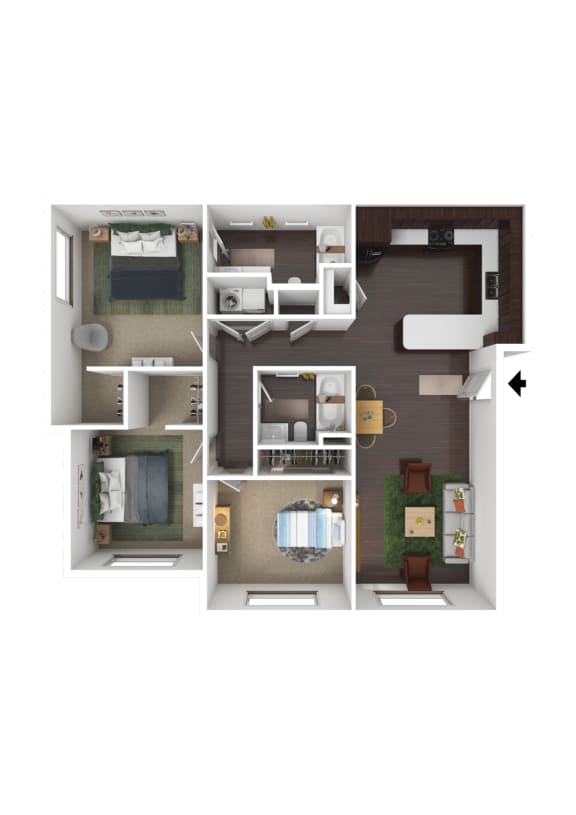 Meadowbrook 3 Bed 2 Bath Apartment 3DF Floor Plan