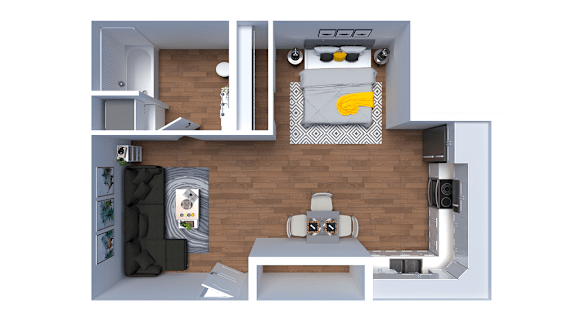A 3D floor plan of a small apartment with a bedroom, living room, and kitchen.