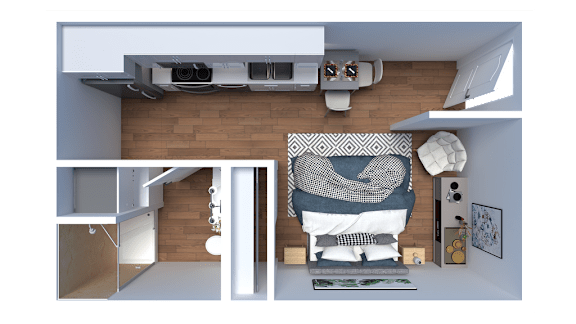 Floor Plan  A modern living room with a grey couch and a grey and white patterned throw.