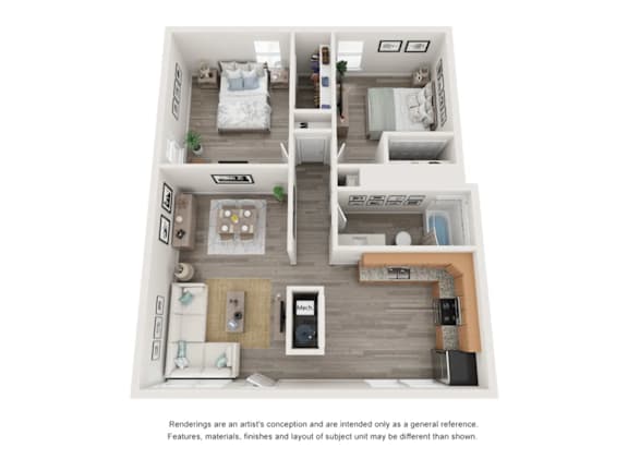 Floor Plan  A floor plan of a house with a kitchen, living room, dining room, and bedrooms.