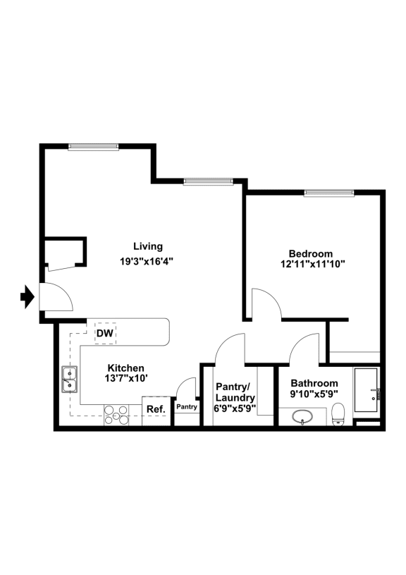 Platinum 1 Bed 1 Bath 2D Floor Plan