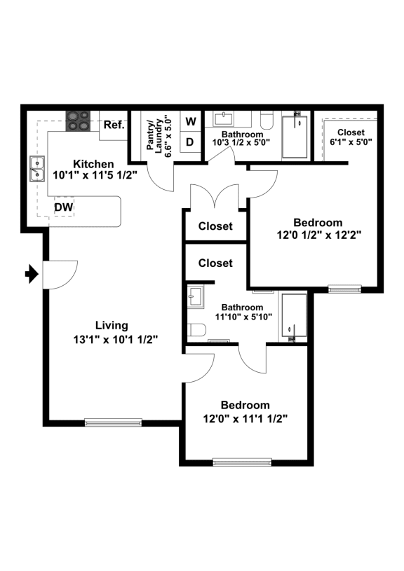 Red Butte 2 Bed 2 Bath Apartment 2D Floor Plan