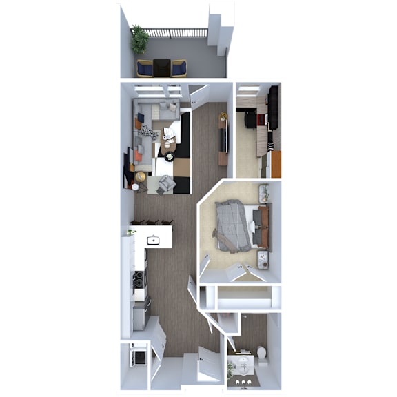 A 3D floor plan of a small apartment with a kitchen, living room, and bedroom.