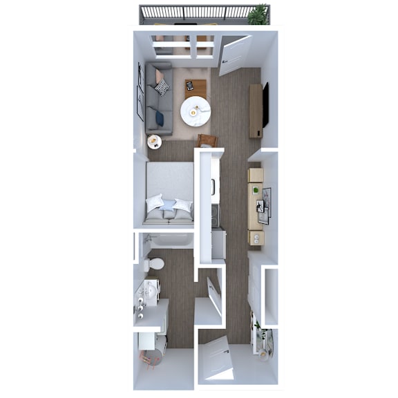 A top-down view of a small, modern apartment with a kitchen, living room, and bathroom.