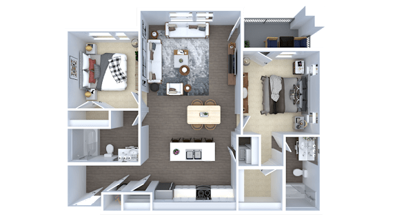 A detailed 3D floor plan of a small apartment layout.