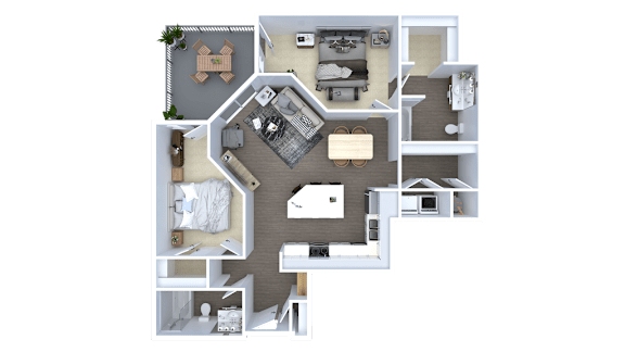 A 3D floor plan of a house with a kitchen, living room, and bedrooms.