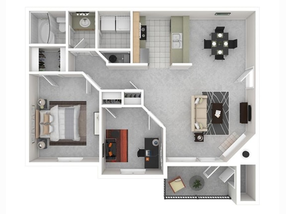 3d floor plan of the 1 bed 1 bath apartment for rent at Riley Court in Bountiful, Utah
