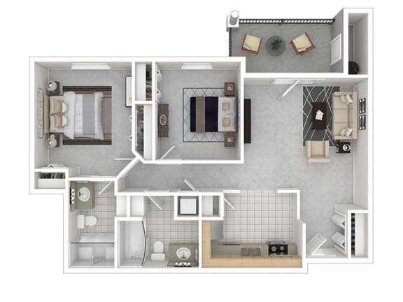 3d floor plan of the 2 bed 2 bath apartment for rent at Riley Court in Bountiful, Utah