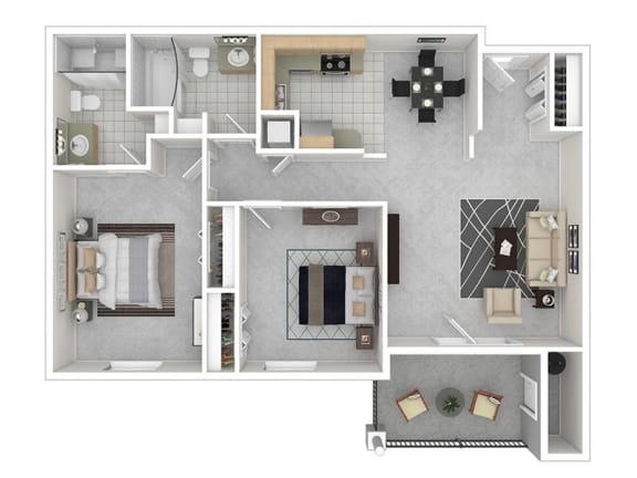 3d floor plan of the 2 bed 2 bath apartment for rent at Riley Court in Bountiful, Utah
