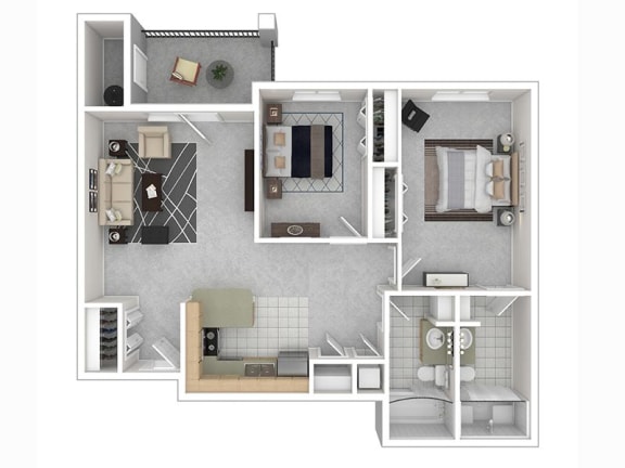 3d floor plan of the 2 bed 2 bath apartment for rent at Riley Court in Bountiful, Utah