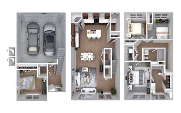 A top-down view of a house layout with a garage, living room, kitchen, and bedrooms.