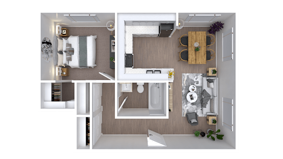 Floor Plan  A top-down view of a small apartment with a kitchen, living room, and bathroom.