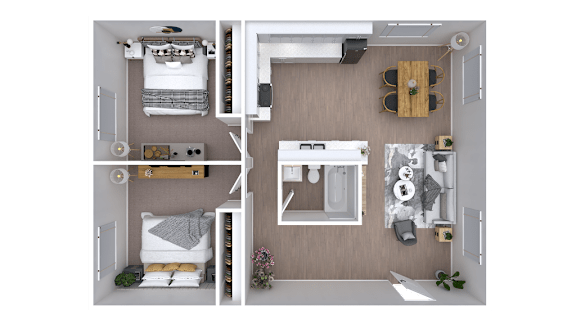 Floor Plan  A 3D floor plan of a small apartment with a bedroom, living room, and kitchen.