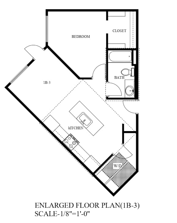 A black and white image of a floor plan for a 1B-3 apartment.