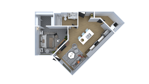 A 3D floor plan of a house showing a kitchen, living room, and two bedrooms.