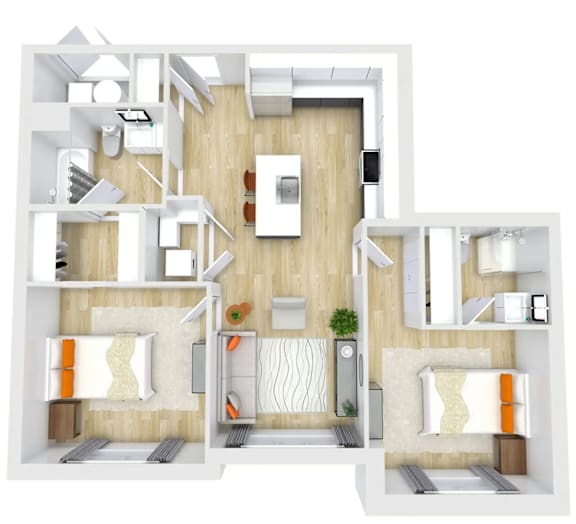 A 3D floor plan of a modern apartment with a kitchen, living room, and bathroom.