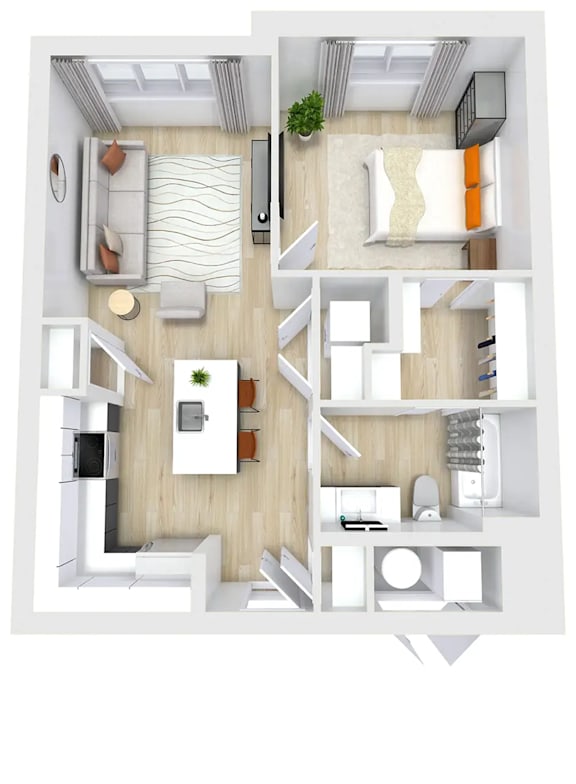 A top-down view of a modern, minimalist living space with a kitchen area.