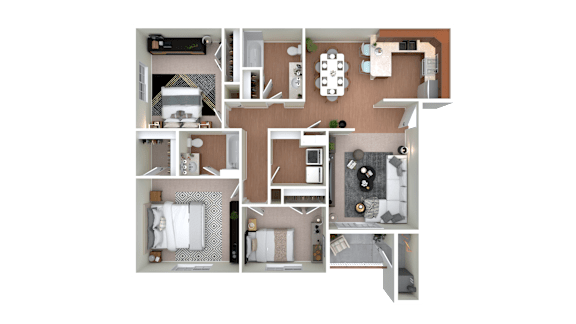 A detailed 3D floor plan of a house layout.