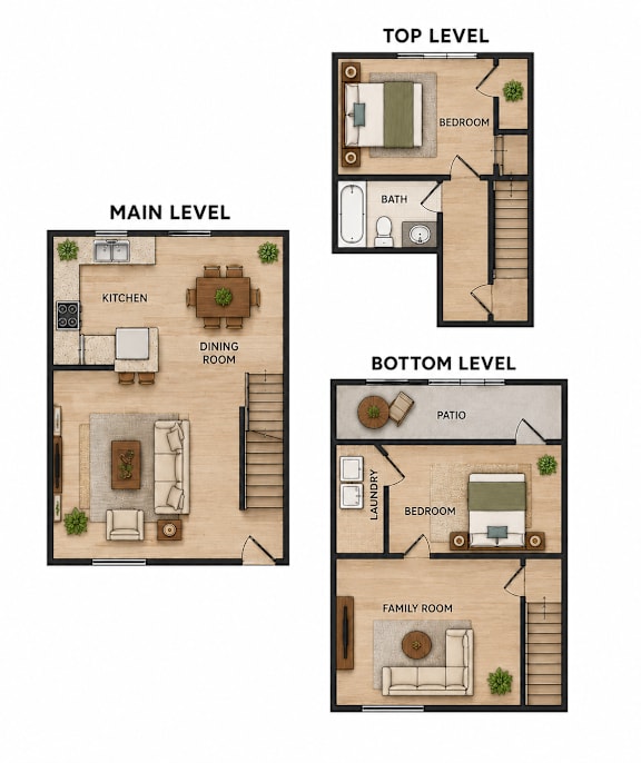 A diagram shows the layout of a house with a top level, main level, and bottom level.