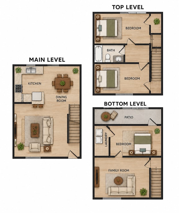 A diagram shows the layout of a three-level home with labeled rooms.
