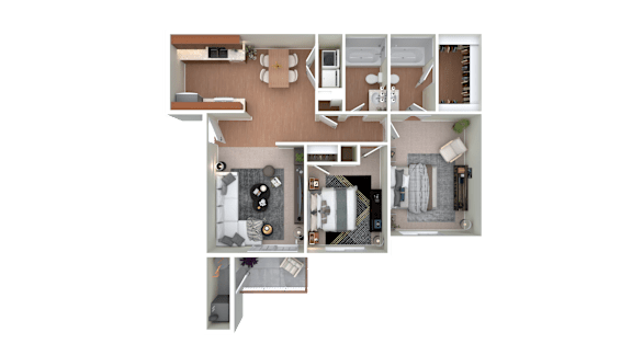 A detailed 3D floor plan of a small apartment.