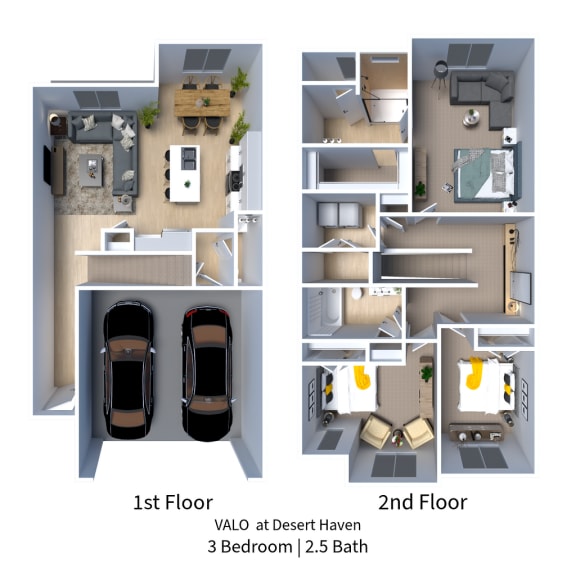 Floor Plan  A digital rendering of the floorplan with furniture for a 3 Bedroom Townhome in Washington, UT