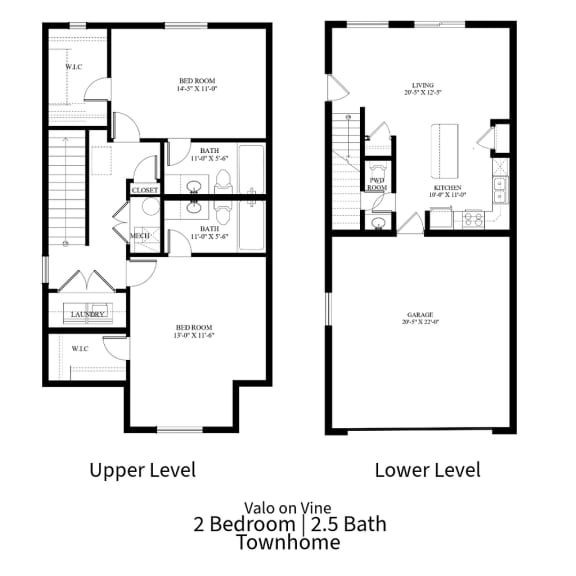 2D floor plan for a 2 bedroom 2.5 bath townhome for rent at VALO On Vine in Tooele, Utah