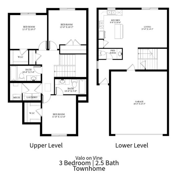 2D floor plan for a 3 bedroom 2.5 bath townhome for rent at VALO On Vine in Tooele, Utah