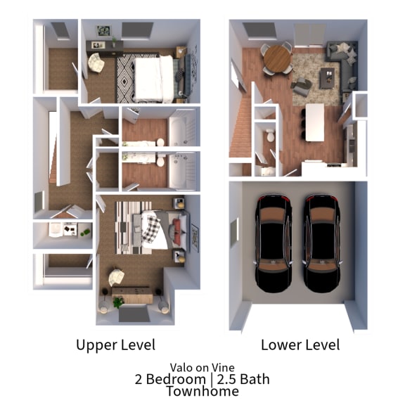 Floor Plan  3D floor plan for a 2 bedroom 2.5 bath townhome for rent at VALO On Vine in Tooele, Utah