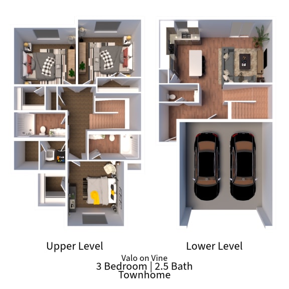 Floor Plan  3D floor plan for a 3 bedroom 2.5 bath townhome for rent at VALO On Vine in Tooele, Utah