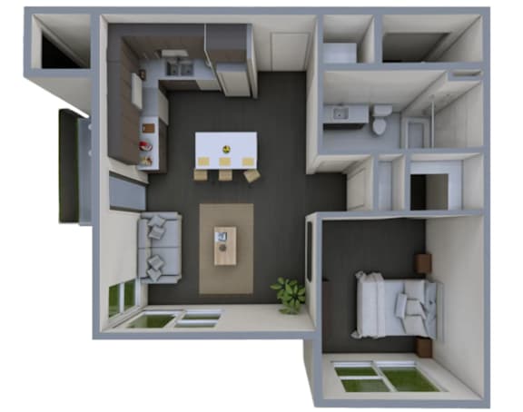 A 3D rendered image of a small apartment layout.