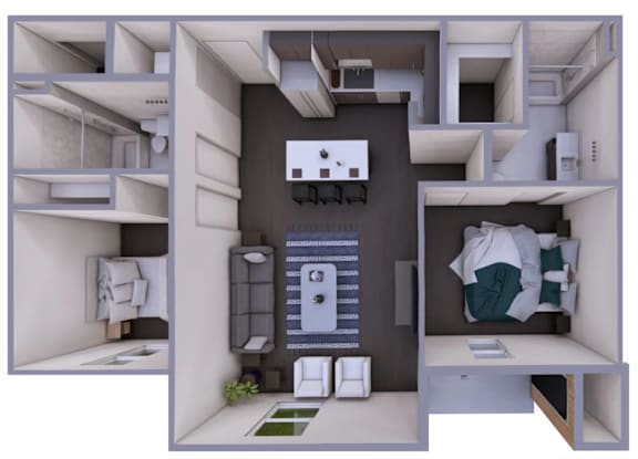 A 3D rendered image of a small apartment layout.