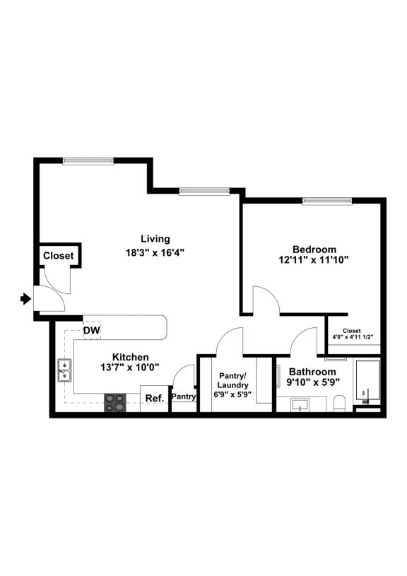 Willow 1 Bed 1 Bath Apartment 2D Floor Plan