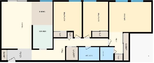 a floor plan of a house with yellow walls and blue floors