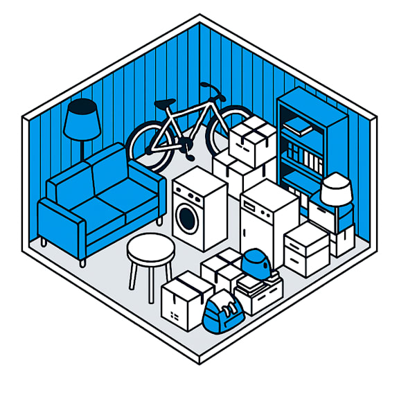 Illustration of 10x12 storage unit with goods stored in it