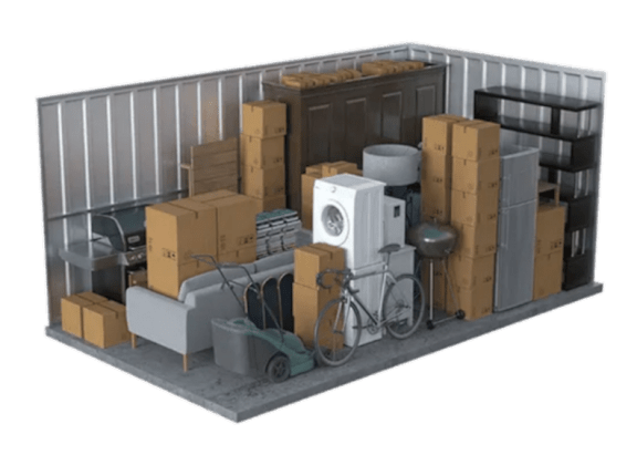 A 3D rendered image of a storage room with various items.