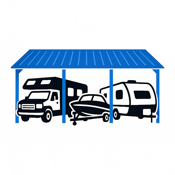 Covered parking with an RV, a boat, and a travel trailer.