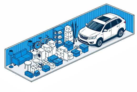 Illustration of 10x30 storage unit with goods and vehicle stored within it.