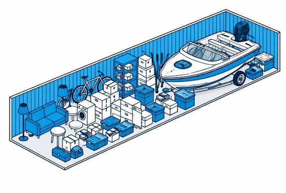 Illustration of 10x40 storage unit with goods and boat stored within it.