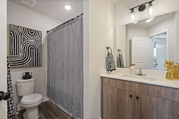 A bathroom with a toilet, a shower curtain, a mirror, and a cabinet.