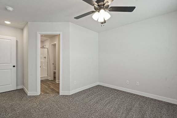 A room with a ceiling fan and carpeted floor.