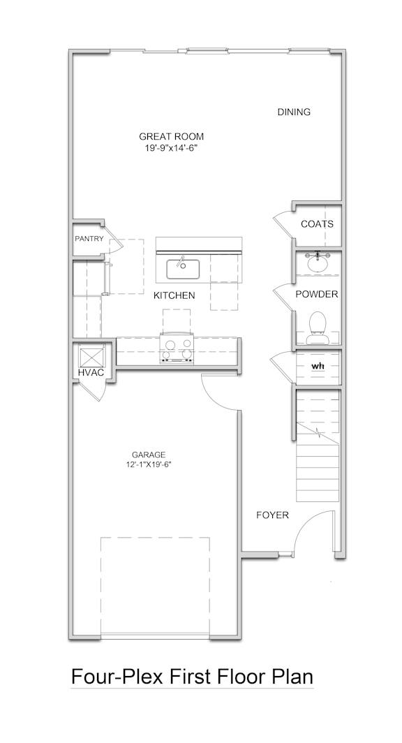 A floor plan of a four-plex first floor.