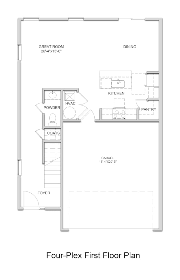 A floor plan of a four-plex first floor.