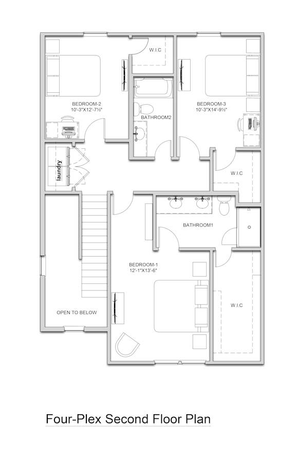 A floor plan of a four-plex second floor.