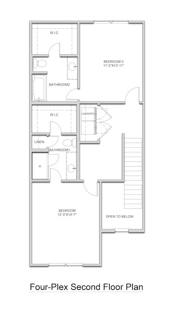 A floor plan of a four-plex second floor.