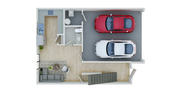 a rendering of a 1 bedroom floor plan with two cars and a couch
