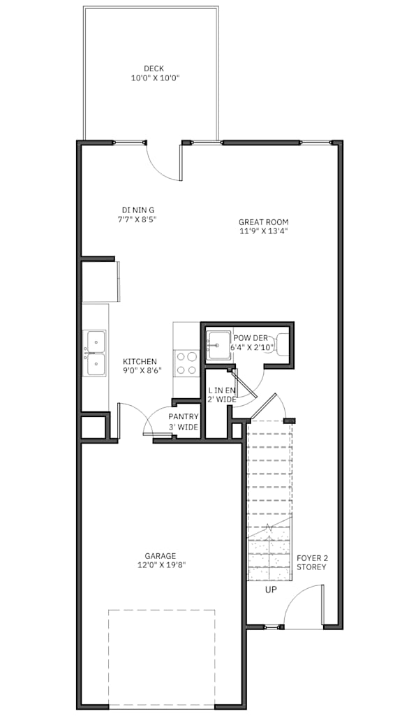 A floor plan of a house with a garage, pantry, powder room, and a great room with a deck.