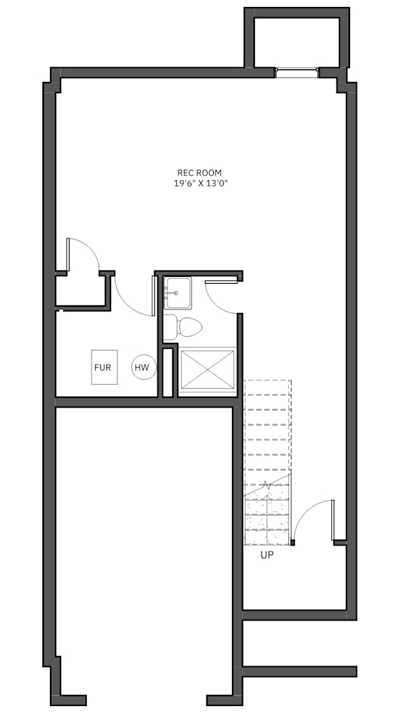 A floor plan of a room with a rectangular shape and a section of a wall labeled "UP".