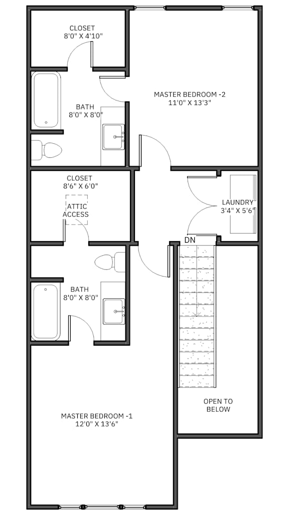 A floor plan of a home with two master bedrooms, one with an attached accessory room, and a laundry room.