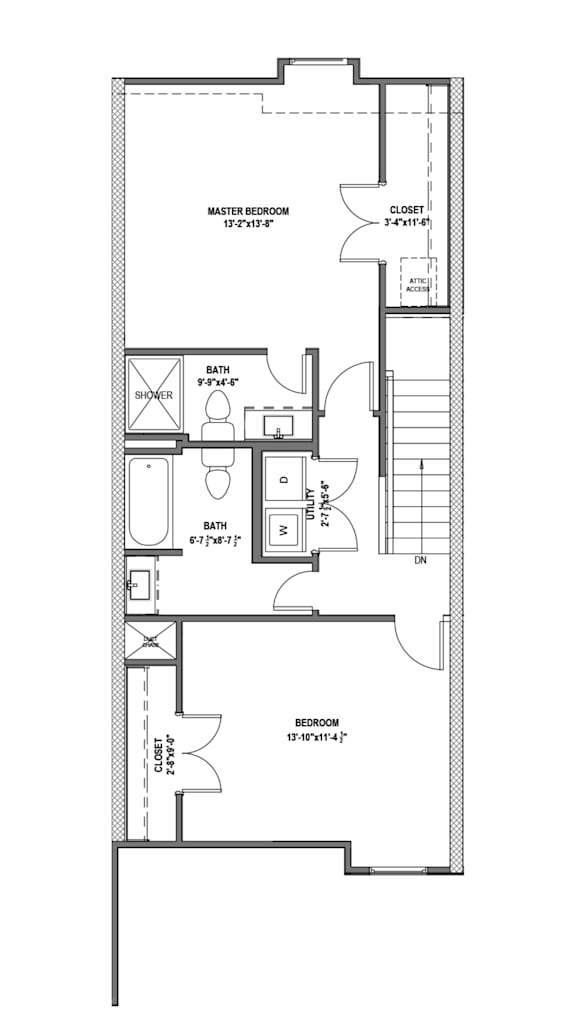 A floor plan of a small apartment with a master bedroom, a bathroom, and a bedroom.